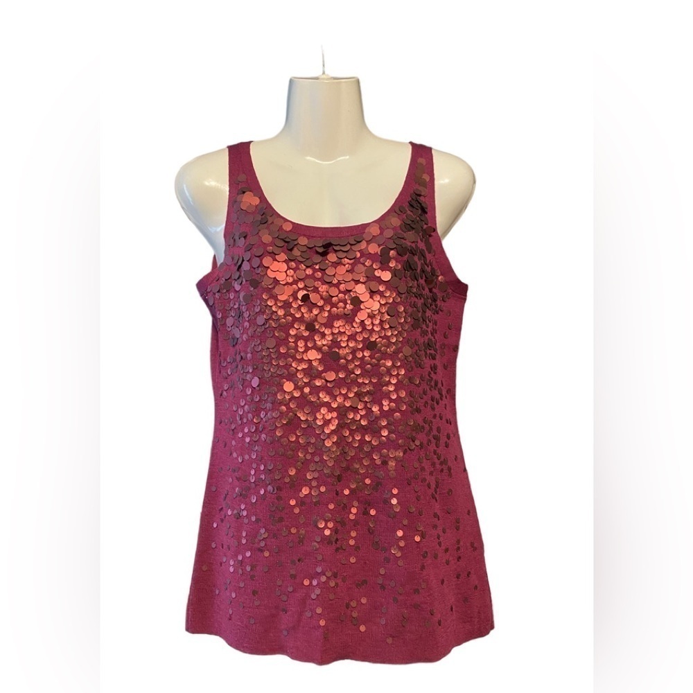 Eileen Fisher Magenta Purple Ultrafine Merino Wool Sequin Front Shell